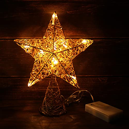 Gold Tree Top Star with Warm White LED Lights and Timer for Christmas Ornaments and Holiday Seasonal Décor