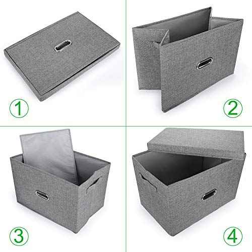 Large Linen Fabric Foldable Storage Bins with Removable Lid and Handles