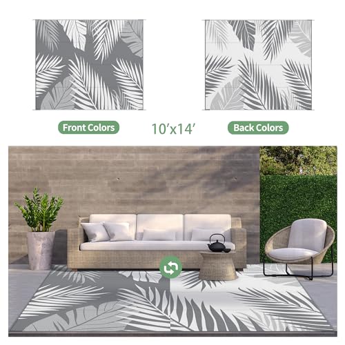 Outdoor Rug Waterproof Plastic Rugs 10'x14' for Camping Grey White
