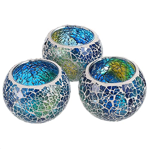 3PCS Mosaic Glass Tea Light Holders Round Bowl Votive Candle Holders