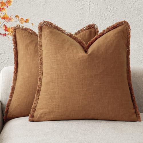 Decorative Linen Fringe Throw Pillow Covers 16×16 Inch (2 Count)