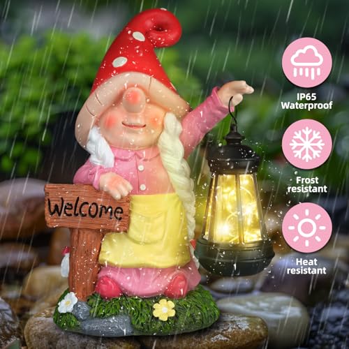 12.4" Solar Garden Gnome Statue with LED Lantern Welcome Sign