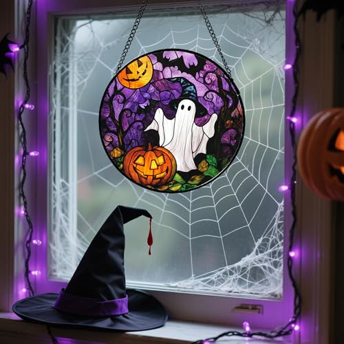 Stained Glass Window Hanging Halloween White Ghost Black Bat 11.8"