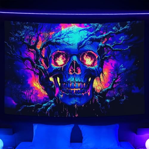 Blacklight Fire Skull Tapestry for Bedroom