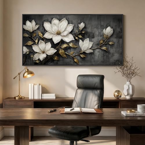 Large Framed Black and White Floral Wall Art for Living Room