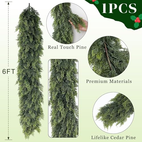 Lifelike Touch Artificial Christmas Cedar Garland for Mantle (6 Foot)