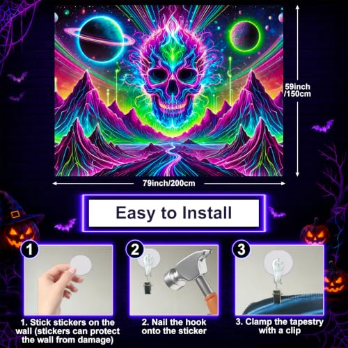 Blacklight Tapestry Skull Fantasy UV Wall Art 59 x 78 Inch