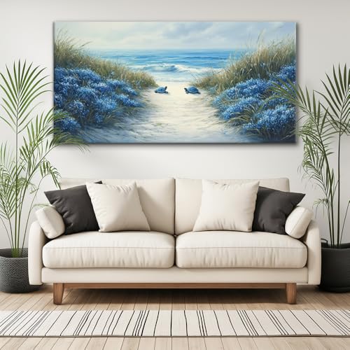 Romantic Beach Wall Art for Living Room Blue Sea Turtle Lovers Canvas Painting Prints Ocean Sandy Romance Flowers Large Bedroom Office Decor Artwork