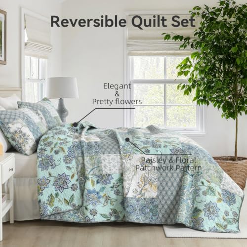 3 Piece Quilt Set Queen Size Patchwork Paisley Turquoise Floral