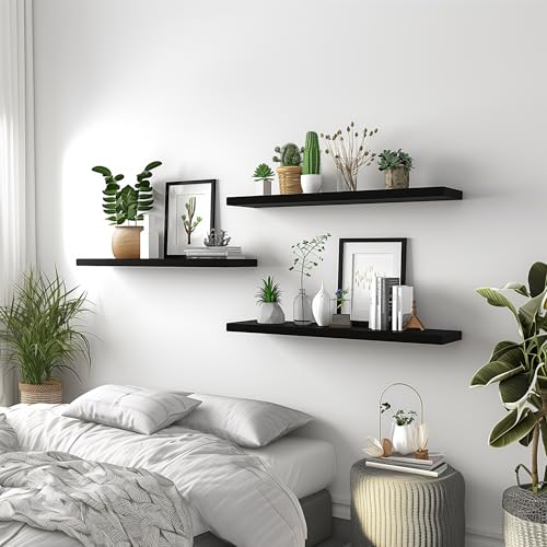 36 Inch Floating Shelves for Wall Rustic Black Wood Wall Shelves for Bedroom Set of 4 (4 Count)