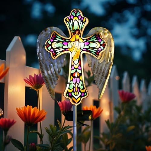 Solar Glass Cross Stake Lights with Angel Wings (2 Count)