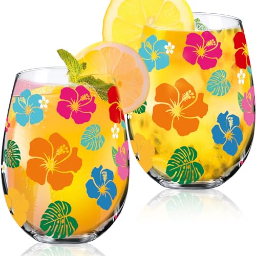 2 Pack 17oz Summer Hawaiian Stemless Wine Glasses Aloha Stemless Wine Glass Luau Colorful Flowers Leaves Tumbler Cups for Hawaiian Tiki Party Supplies Birthday Gift (2 Count)