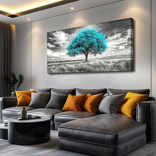 Modern Canvas Print Wall Art Blue Tree Painting Full Of Stars Black And White Art pictures Natural Landscape Wall Decoration Suitable For Living Room Bedroom Office Framed Stretch 20x40 In