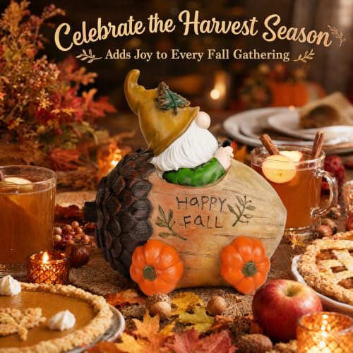 Fall Gnome Figurine with Acorn Car & Pumpkin Wheels