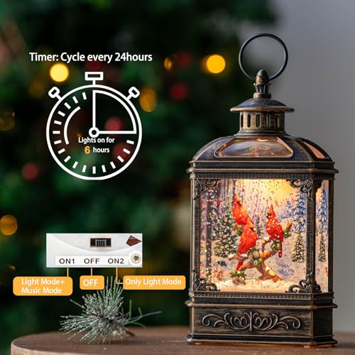 Christmas Snow Globe Water Glittering Cardinal with Music