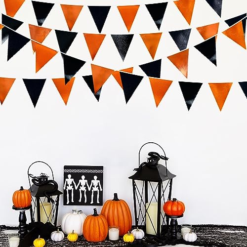 Black Orange Party Decoration Metallic Fabric Triangle Pennant Banner Flag Bunting Garland for Graduation Halloween Fall Autumn Thanksgiving Birthday Wedding Shower Bridal Shower Party Supplies (36 Count)