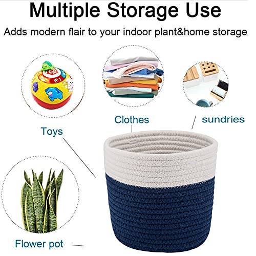 Cotton Rope Woven Baskets for 6" Pot White Stitching Navy Blue