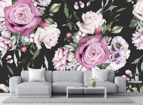 Seamless Pattern of Flowers and Exotic Leaves on a Black Background. Floral Roses and Peonies Wall Mural