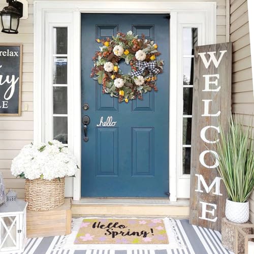 24 Inch Farmhouse Fall Wreath for Front Door with White Pumpkins