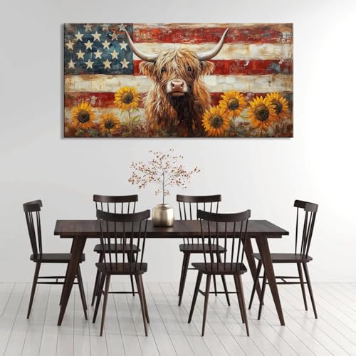 Country Highland Cow Wall Art for Living Room Rustic Retro Vintage American Flag Sunflower Canvas Painting Prints Highland Cattle Artwork Farmhouse Bedroom Office Decor