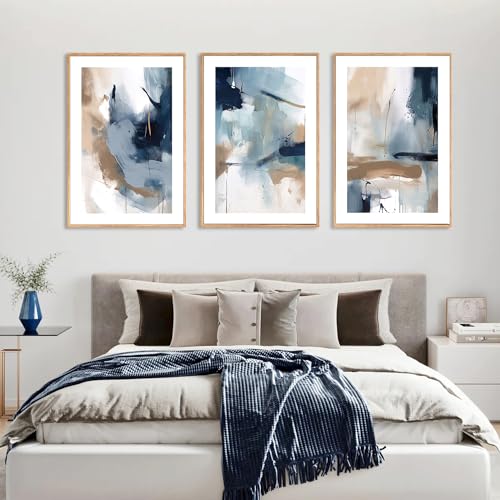 Large Abstract Navy Blue Framed Canvas Wall Art (3 Count)