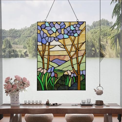 Stained Glass Window Hanging 16" H x 11" W Tiffany Style Rectangular Window Panel Suitable for Living Room Bedroom Kitchen Window Decoration Hangings with Chain