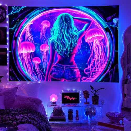 Sexy Woman Jellyfish Tapestry Blacklight Tapestry 59x78 Inch