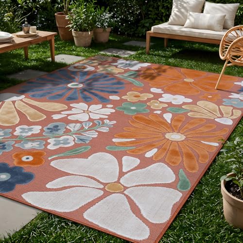 Outdoor Rug 10x14 Large Modern Floral Tropical Area Rugs for Outdoor and Indoor Patio Easy to Clean Non Shedding Living Room Porch Garden Washable Outside Carpet (140 Sq Ft)