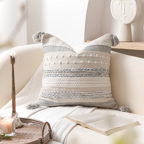 Gray Boho Decorative Throw Pillow Cover 22x22 Square Farmhouse Accent Cushion for Couch Sofa Livingroom Bedroom Pillowcase Modern Home Décor