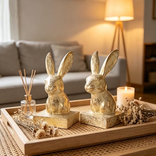 Unique Gold Rabbit Decorative Bookends for Home Office Shelves Decor (2 Count)