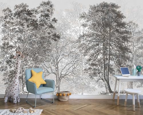 Vintage Forest Mural Wallpaper Gray Trees Woodland
