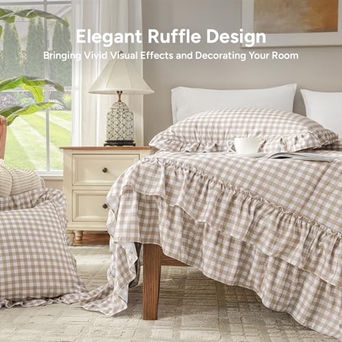 Tan Gingham Ruffle Comforter Set Queen Size