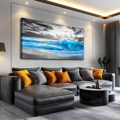 Large Canvas Blue Sea Wave Ocean Painting Wall Decor 30x60 In