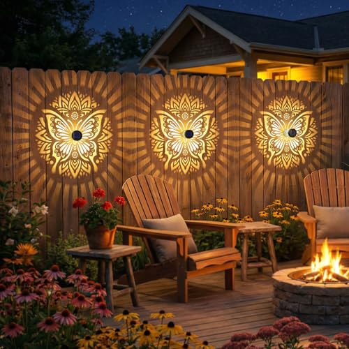2 Pack Solar Fence Lights Metal Solar Powered Outdoor Wall Deck Step Lights Butterfly Mandala Theme Waterproof Fence Light for Garden Post Patio Backyard Yard Decor (2 Count)