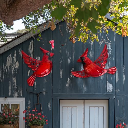 Metal Cardinal Wall Art 12inch Metal Birds Wall Sculpture Garden Decoration Outdoor Statue Patio Fence Hanging Plaques 2 Pack (2 Count)