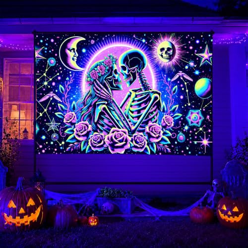 Blacklight Tapestry Skeleton Love Room Wall Art 78 x 59 Inch