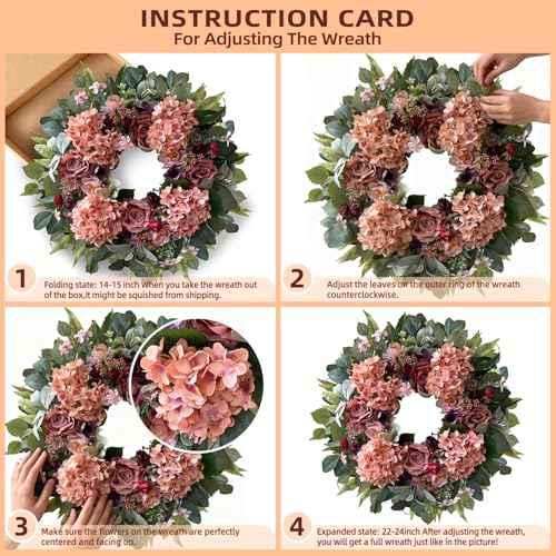 24 Inch Pink Hydrangea Spring Wreath for Front Door