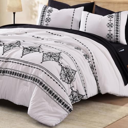 King Size Comforter Set Embroidery Floral 7 Pieces Bed in a Bag