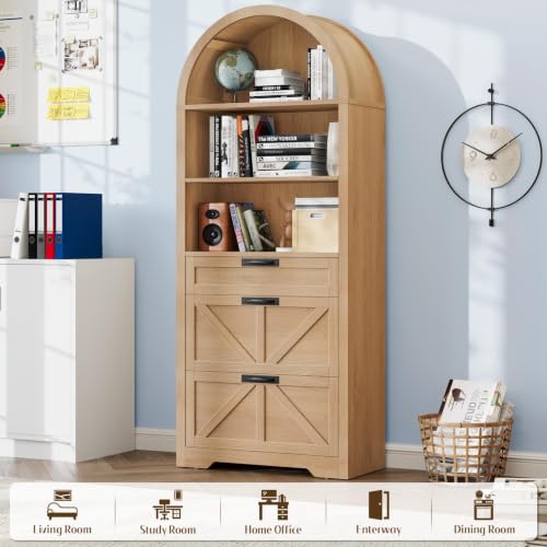 71" Tall Arched Bookcase with File Cabinet Drawers