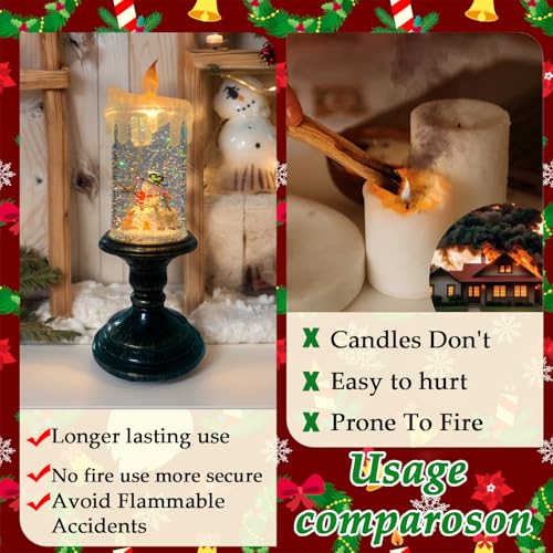 Christmas Flickering Flameless Candles Christmas Snow Globe Candle Light Swirling Water Glittering Spinning Candles with 6 Hours Timer for Home Christmas Gift Decorations
