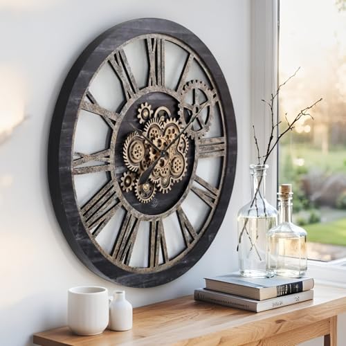The Gears Clock 36'' Inch Real Moving Gear Wall Clock Vintage Industrial Oversized Rustic Farmhouse