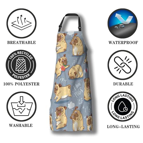Paint Apron for Men Pug Puppies Dog Cartoon Bull Terrier Funny Aprons for Women for Kitchen Cooking Restaurant BBQ Painting Crafting Gardening 27”