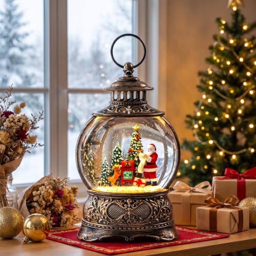Christmas Snow Globes Christmas Water Lantern with Vintage Santa & Letters to Santa Mailbox Scene Music & 6H Timer USB Lined