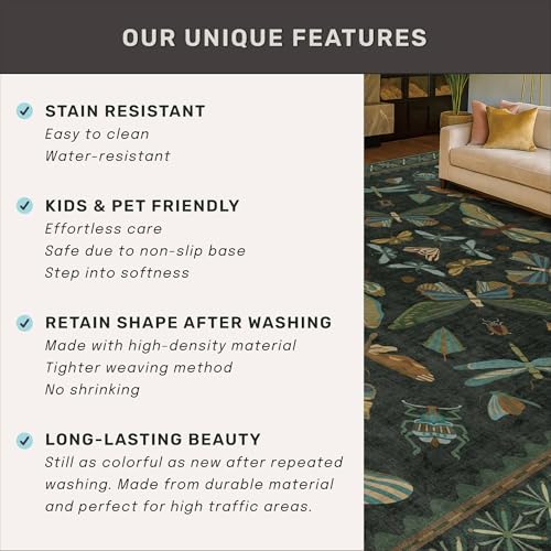6x8 Dark Green Washable Dining Room Rug (48 Sq Ft)