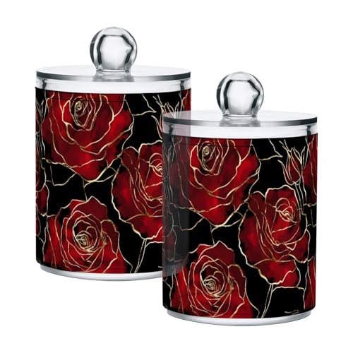 2 Pack Qtip Holder Organizer Dispenser Valentines Red Black Roses Bathroom Storage Canister Cotton Ball Holder Container for Cotton Pads (2 Count)