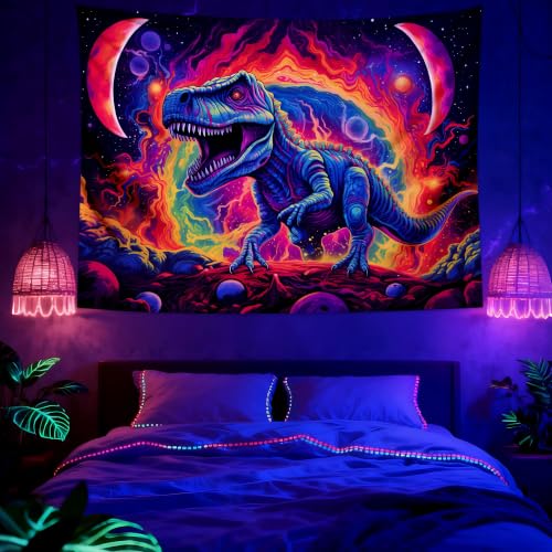Blacklight Dinosaur Tapestry Wall Hanging Black Light Tapestries Uv Glow in the Dark Dino Poster for Teen Boys Room Bedroom 80x60in