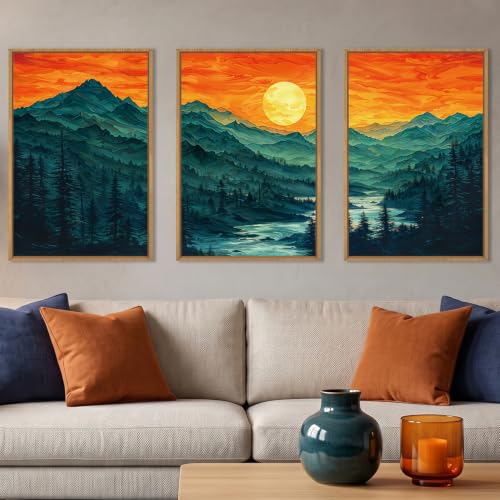 Boho Mountain Sunset Landscape Framed Canvas Wall Art