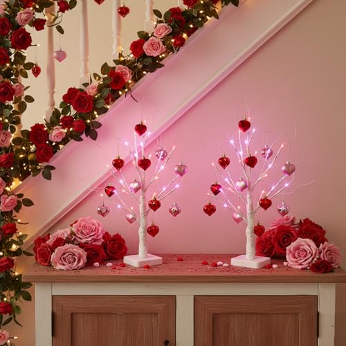 Valentines Day Decorations 2Pack Birch Tree with Hanging Heart (2 Count)