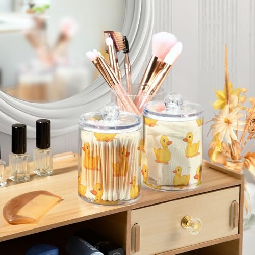 2 Pack Qtip Holder Organizer Dispenser Ducks Yellow Bathroom Storage Canister Cotton Ball Holder Container for Cotton Pads (2 Count)