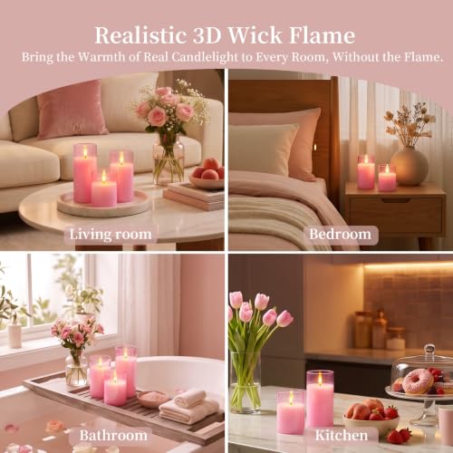 Pink Glass Flameless LED Candles Battery Operated with Remote Timer (3 Count)